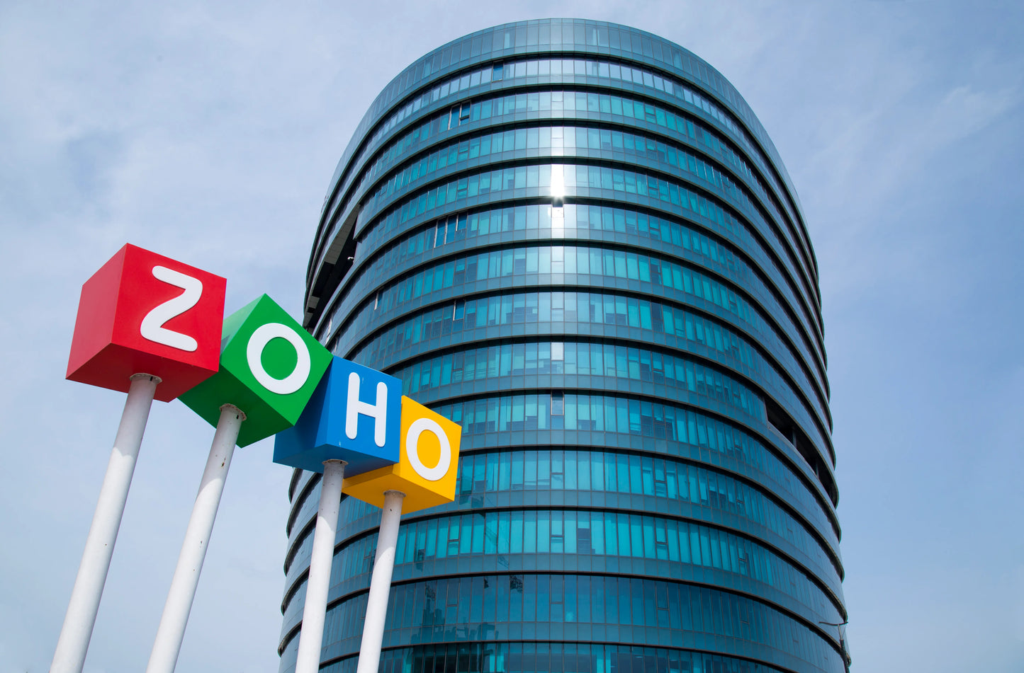 Zoho office building with colorful Zoho sign in front